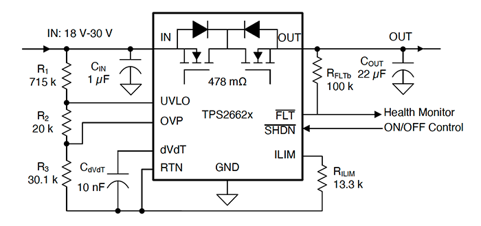 The Texas Instruments TPS26620 eFuse is shown set to trip at a current of 500mA in this 24V DC PLC  application. (Image source: Texas  Instruments)